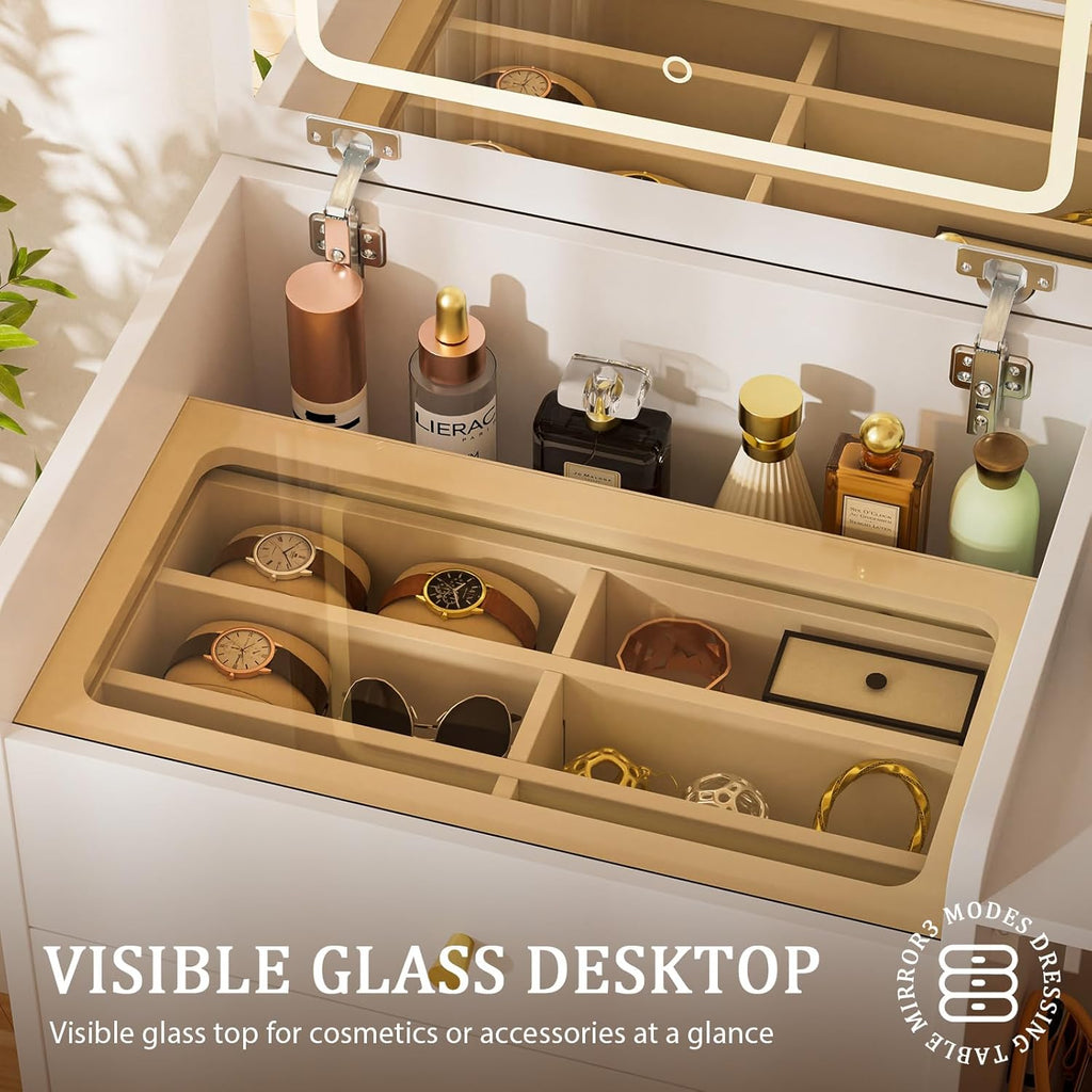 Makeup Vanity Desk with Mirror and Lights, Small 3 in 1 Vanity Table with Visible Glass Top, Flip Top & 3 Drawers