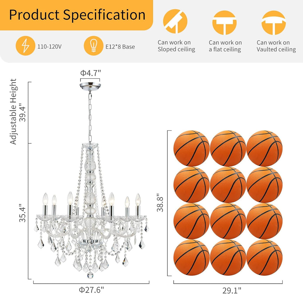 8-Light Chrome Crystal Candle Chandelier - Modern Pendant Ceiling Light, 27.6" W x 35.4" H