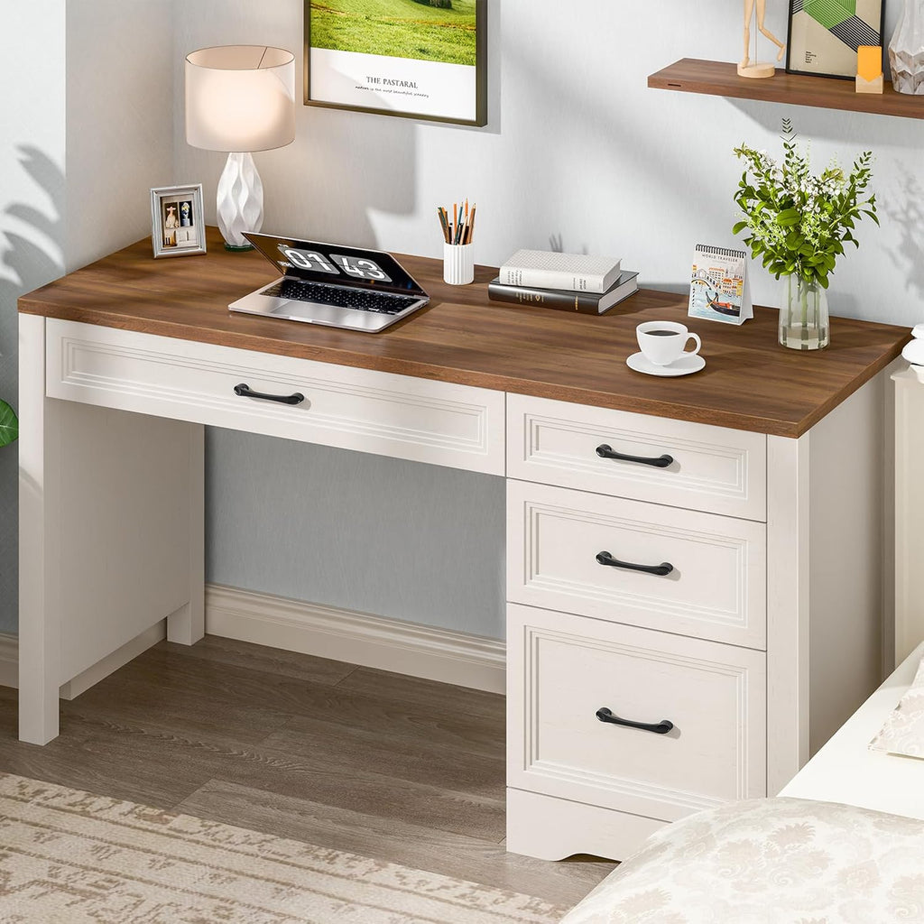Farmhouse Executive Desk with Storage and Ample File Drawer, Rustic Large Home Writing Desk, White