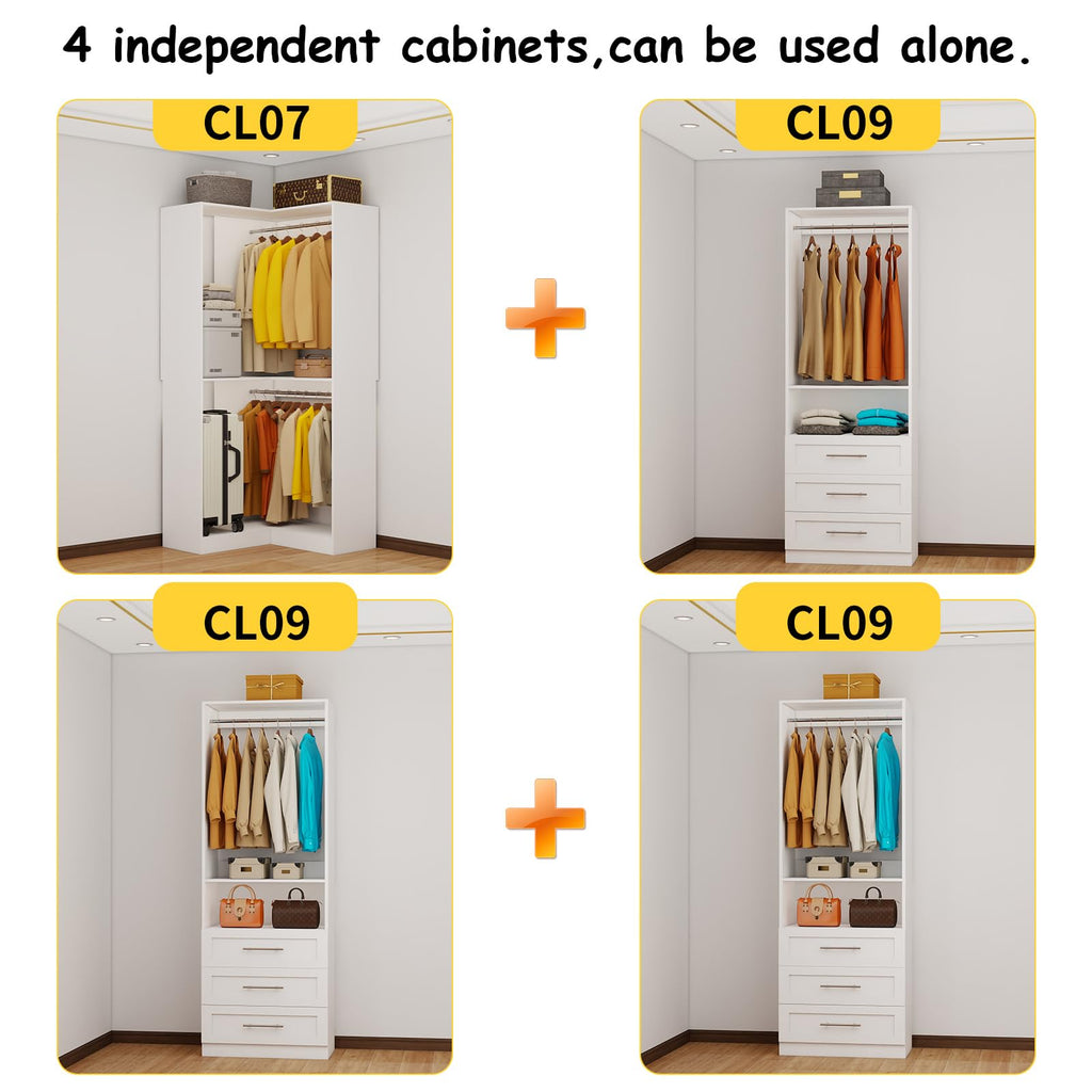 Closet System with 9 Drawers, Corner Closet Organizer System with 9 Hanging Rods Walk in Wooden Modular Closet