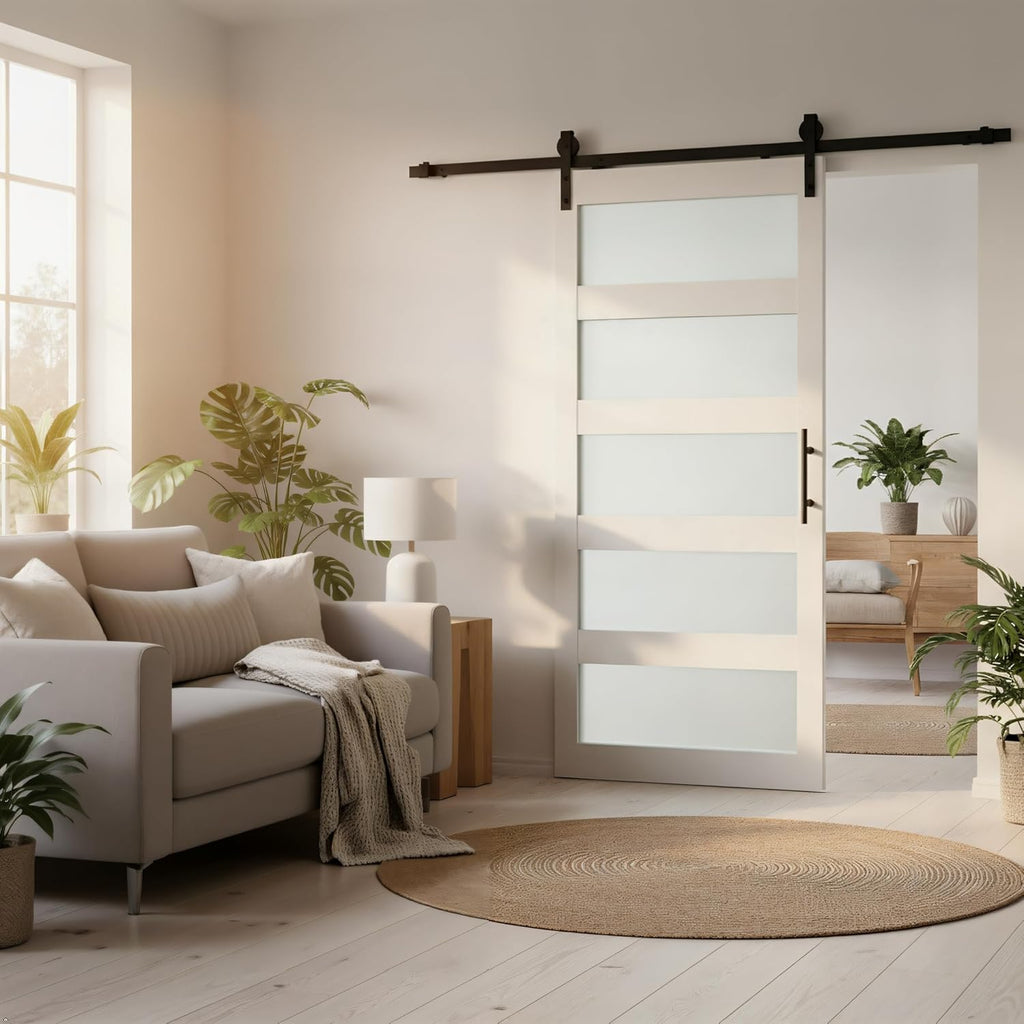 Sliding Barn Door, 36" x 84" 5-Lite Frosted Glass Door with 6FT Hardware Kit Included & Handle,Solid