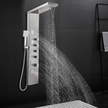 4-in-1 Rainfall Waterfall Shower Panel Tower System, Brushed Finish