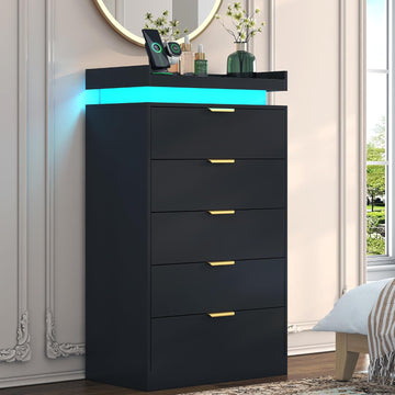 Tall Dresser , Black Dresser with LED Lights, Wood 5 Drawer Chest with Power Outlet, Modern Tall Chest of Drawers