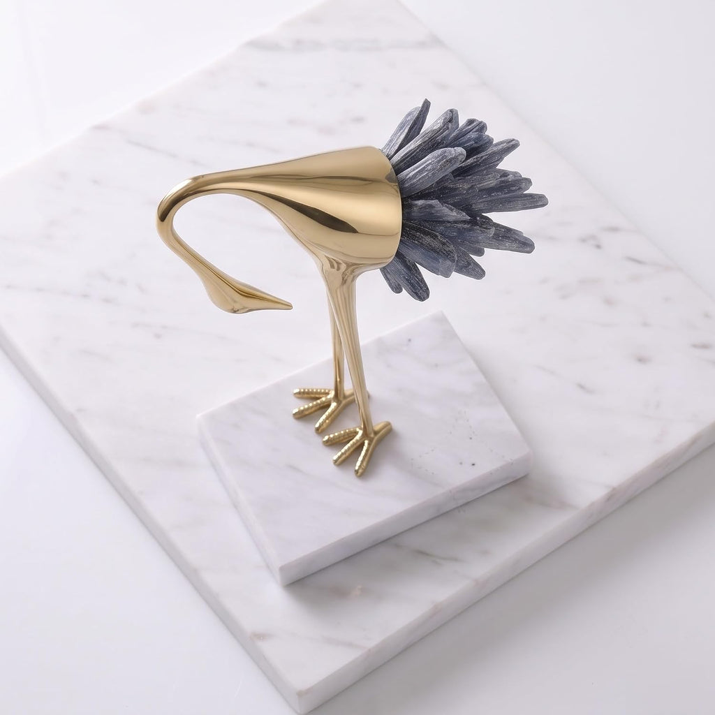 Gold Crane Statue with Blue Crystal Tail, 8.7-Inch | Brass Bird Sculpture on Marble Base, Modern Tabletop Decor and