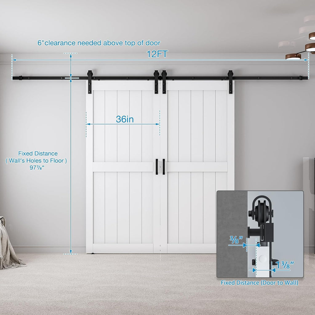 72" x 96" (Double 36" x 96" Doors) Barn Door with 12FT Sliding Door Hardware Kit Included, Assemblel