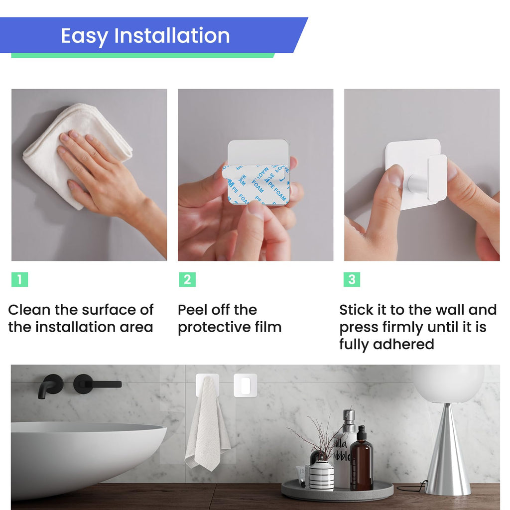 White Hooks for Hanging Heavy Duty, Adhesive Hooks for Shower, Bathroom, Kitchen, Robe, Towel, Coat, Waterproof &