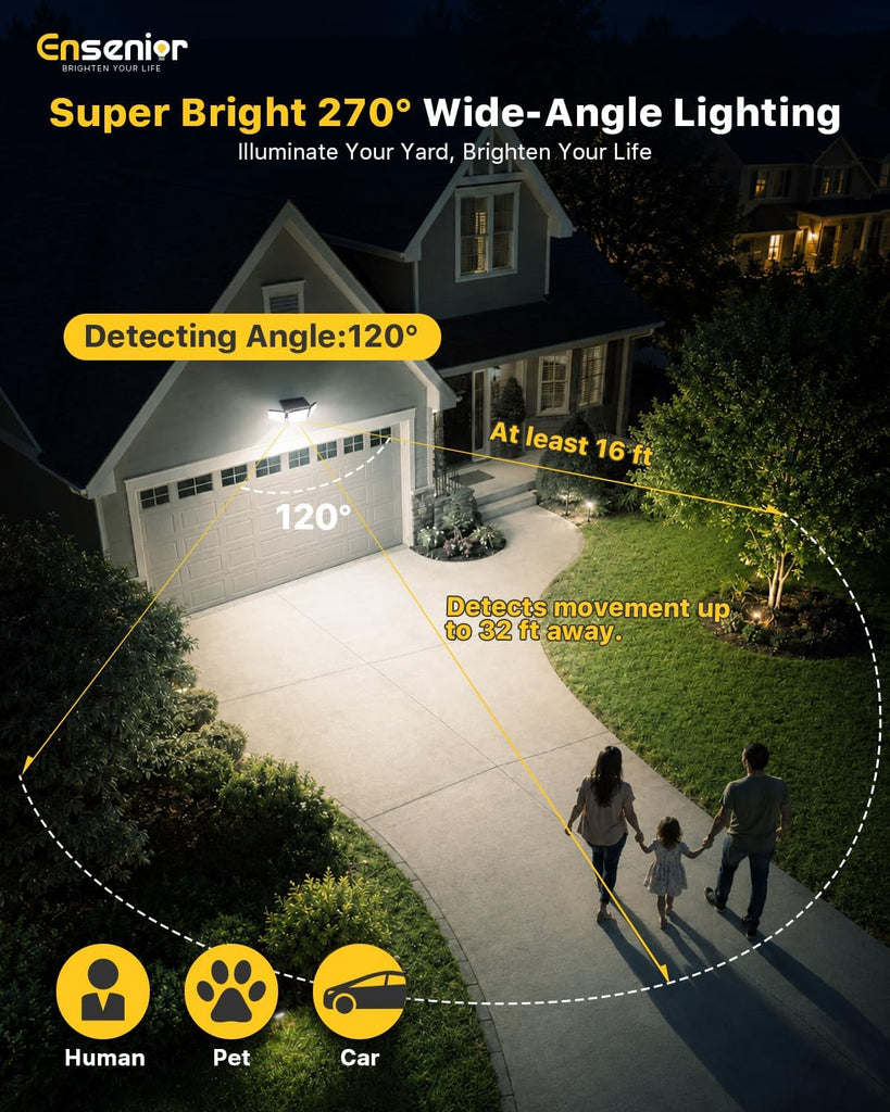 Solar Motion Lights Outdoor, 3000LM 220 LED High Brightness Motion Sensor Outdoor Lights, 3 Head 4 Modes 270° Wide