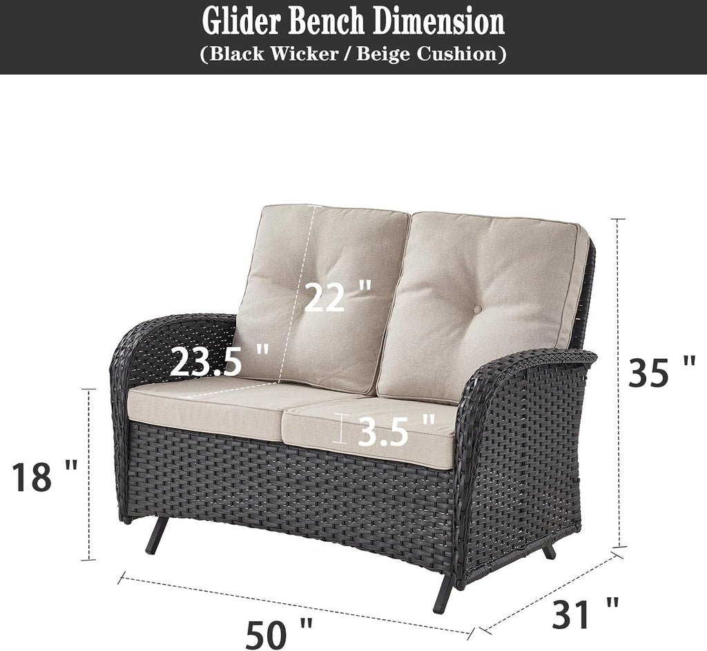 Outdoor Glider Bench Patio Loveseat - 500 Lbs Weight Capacity 2 Seater Wicker Sofa, Small Porch Glider Furniture All