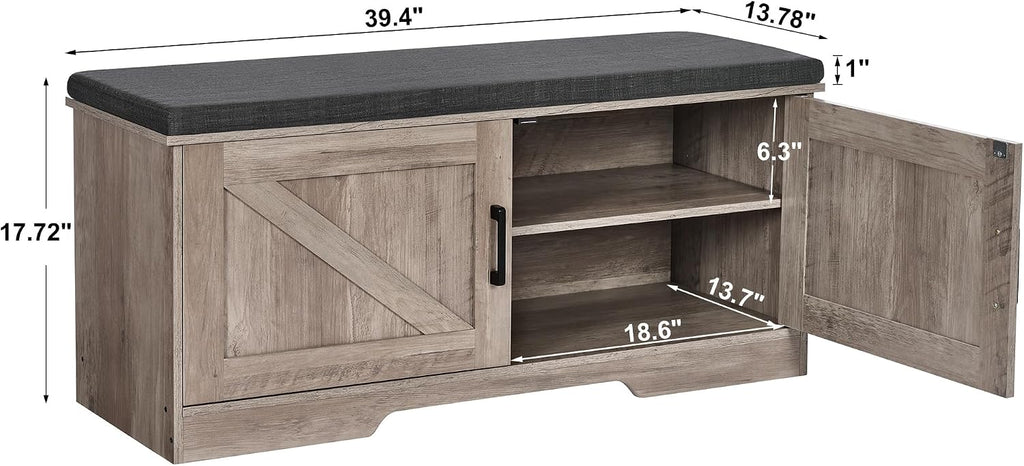 Farmhouse Shoe Storage Bench with 2 Barn Doors & Padded Seat Cushion | 39.4" Wide Entryway Bench with Adjustable