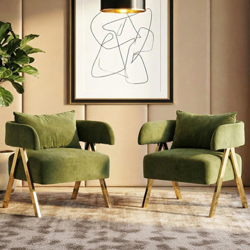 Modern Green Accent Chairs Set of 2, Velvet Barrel Accent Chair Bedroom, Comfy Reading Armchairs (2, Green)