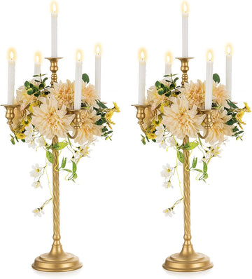 Tall Candelabra Candle Holder 2 Pcs 28in Floor Candlestick Holders Taper Candle Holders Gold 5 Arm Candelabras Candle