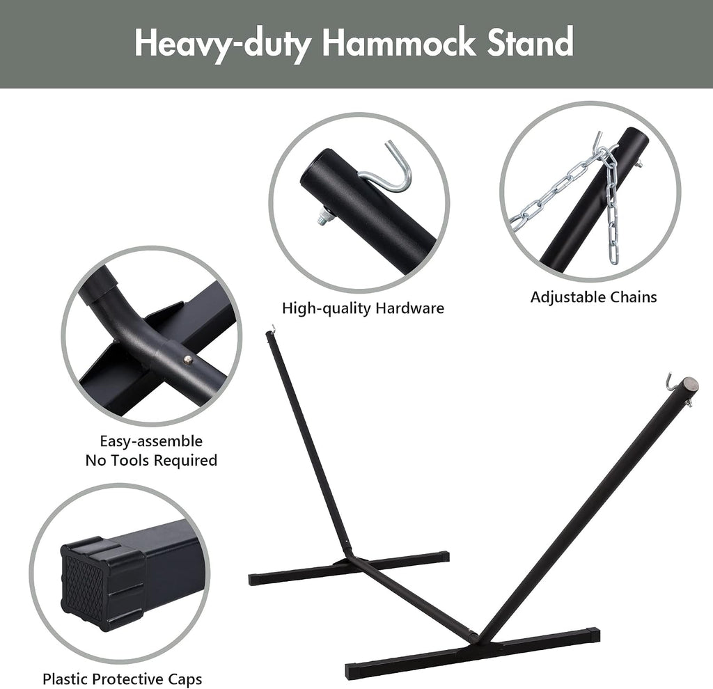 Heavy Duty Hammock with 12FT Stand, Rope Hammock for Outside, Gray | Double Hammock with Stand, Includes Hammock Pad