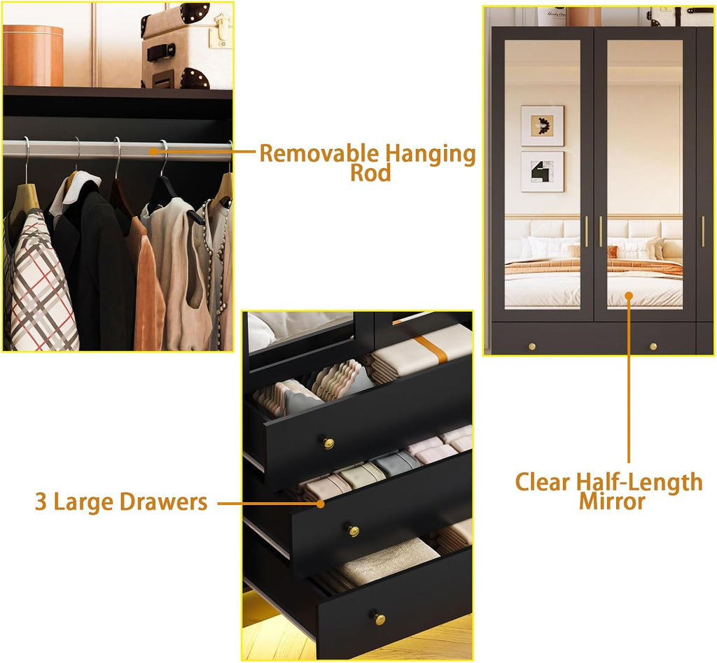 75" Tall Wardrobe Closet with 3 Doors & 3 Drawers, Modern Armoire with Mirror & LED Lights, Wooden Armoire Wardrobe