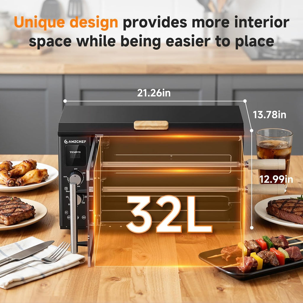 Electric Rotisserie Grill with 2-in-1 Cooking Mode,34QT Rotisserie Oven with 360° Auto-Rotating Heating, Dual Skewers