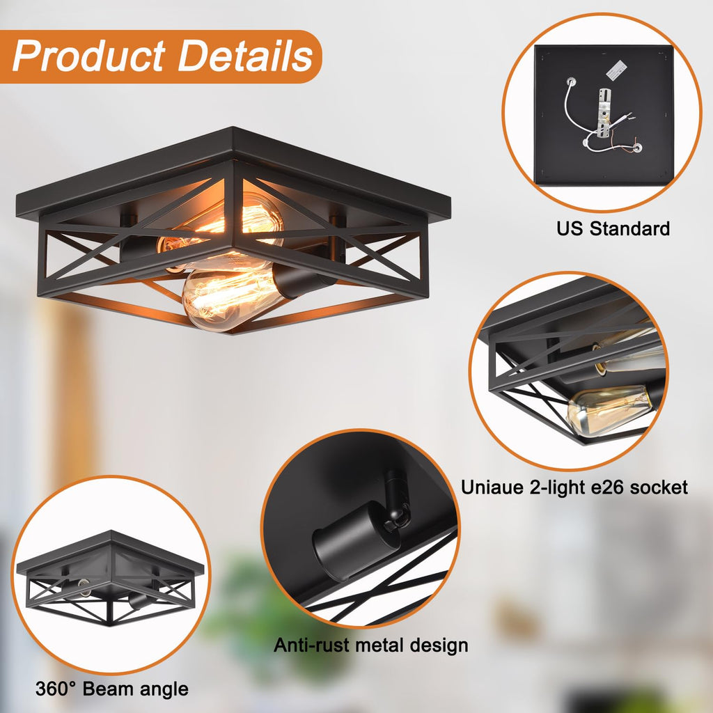 Black Flush Mount Ceiling Light, Hallway Light Ceiling Mount, Industrial Vintage Metal Cage Close to Ceiling Lights