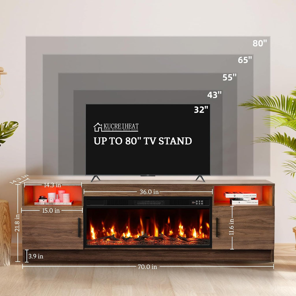 Fireplace TV Stand for 65-80 inch TV, Large Entertainment Center with Fireplace & LED Lights,High Gloss Living Room
