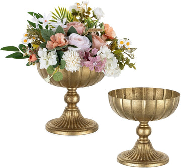 Gold Compote Vase for Centerpiece: 7.95" Tall Pedestal Footed Bowl for Flowers - Distressed Brass Urn for Wedding