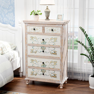 Dresser Wood Chest of Drawers , Tall Dresser 6 Drawer Chest Boho, Wooden Dressers with Drawers and Solid Wood Legs