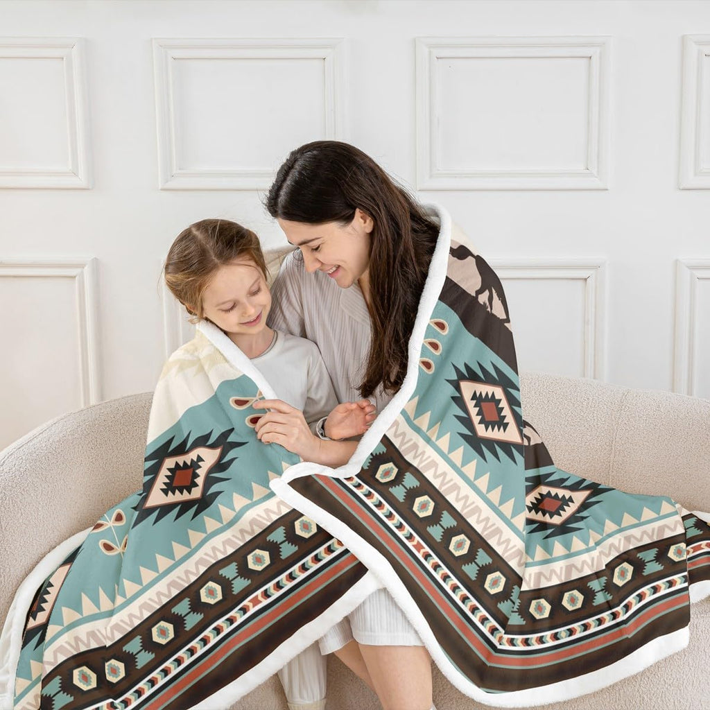 Western Cowboys Plush Throw Blanket,Boho Aztec Ethnic Flannel Fleece Blanket for Boys Girls Teens All Season,Bohemia