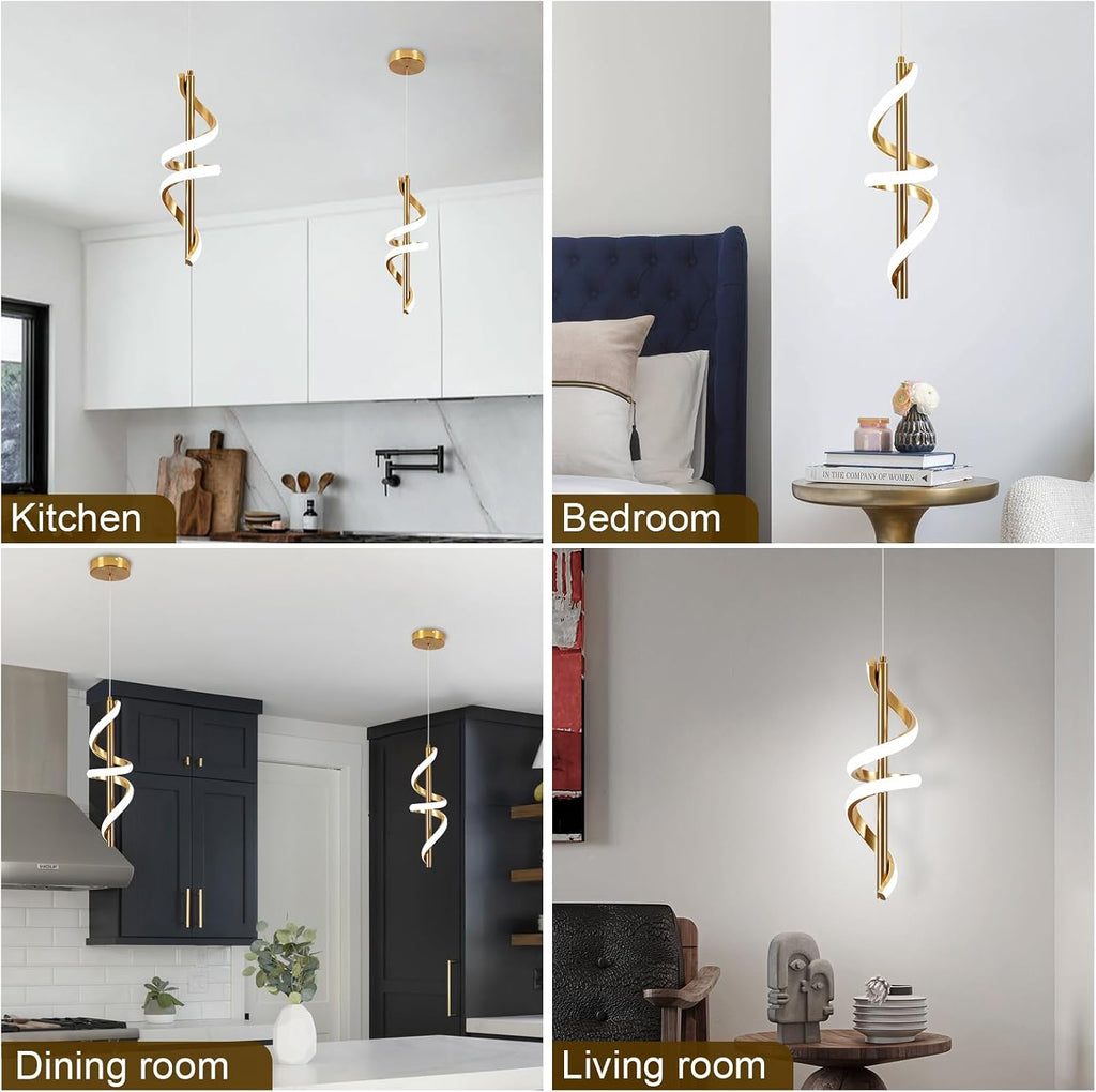 Spiral Led Pendant Light Fixtures, 5500K Gold Modern Led Pendant Light Kitchen Island, Adjustable Height Kitchen