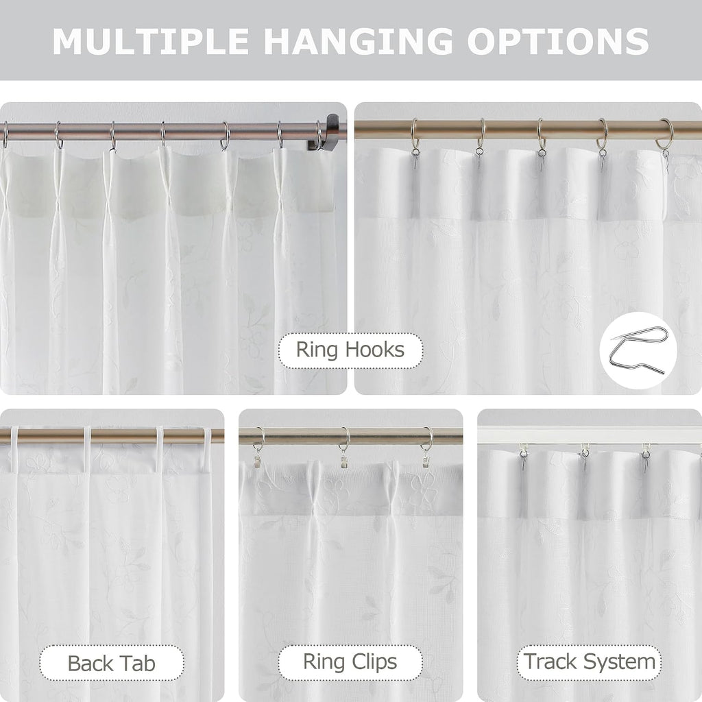 White Embroidered Floral Pinch Pleated Sheer Curtains Leaf Patterned Rustic Light Filtering Window Panels for Living