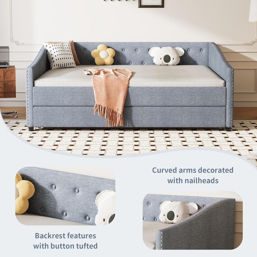 Full Size Upholstered Daybed with Trundle | Twin Size Trundle,Button-Tufted Back, Piping on Waved-Shape Arms, Solid