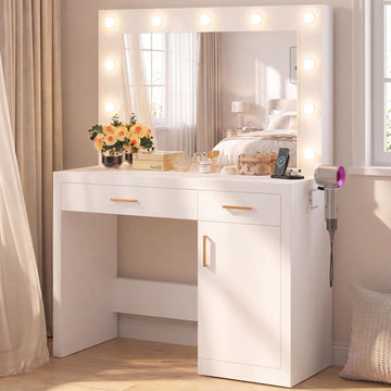 Makeup Vanity Desk with Mirror and Lights, Charging Station | 11 LED Bulbs, Dressing Table, Large Cabinet, 2 Drawers