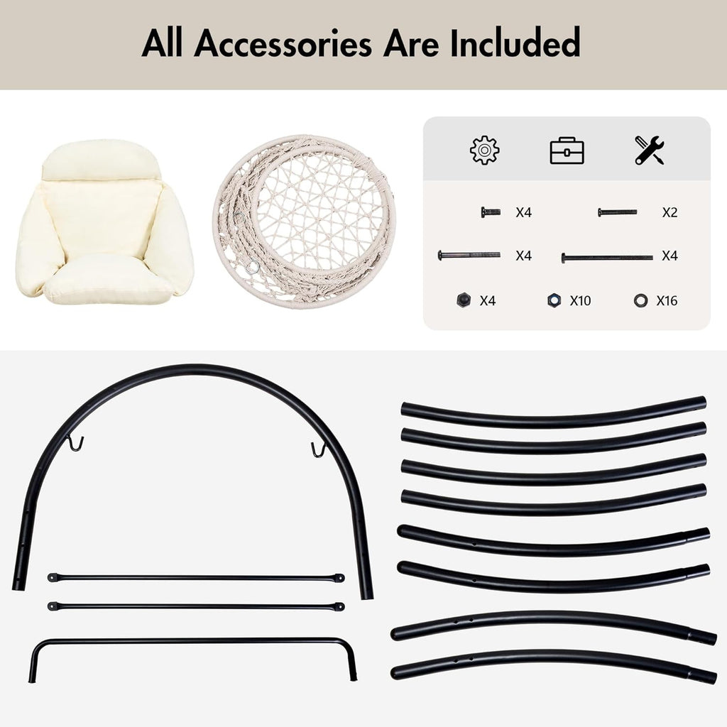Outdoor Hanging Hammock Chair with Stand, Natural Macrame Swing Chair | Heavy Duty Hanging Chair Stand with Swing