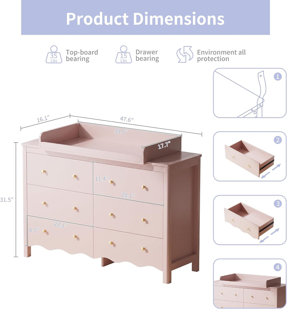 Baby Changing Table (Pink) | Wooden Dresser Kids Dresser with 6 Drawer Dresser Baby Dresser Organizer Diaper Station