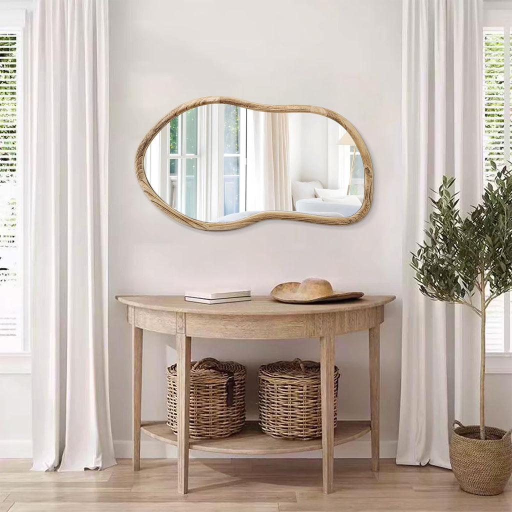 Irregular Wall Mirror Wood Asymmetrical Mirror Large Bathroom Vanity Mirrors Natural Wood Framed Abstract Mirrors for