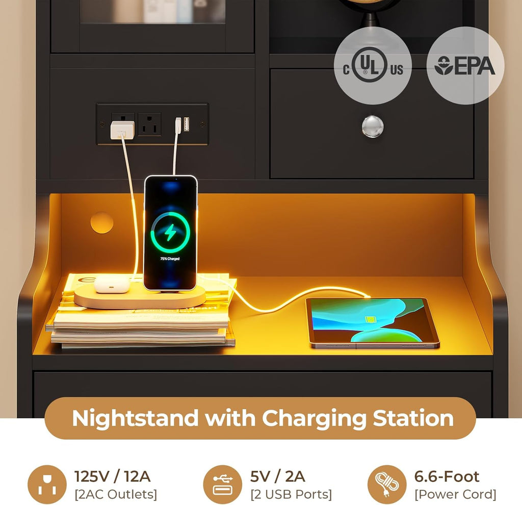 Tall Night Stand with Charging Station and LED Lights,49.2" Nightstand with Bookshelf, Black Bedside Table with