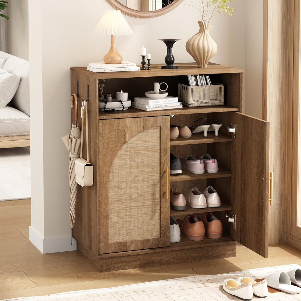 Rattan Shoe Storage Cabinet with 2 Arched Doors, 5-Tier Deep Shoe Organizer with Adjustable Shelves, Farmhouse Boho