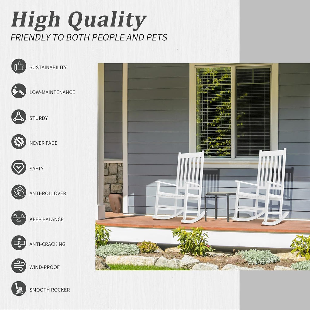Outdoor Rocking Chair, Solid Wood High Back Porch Rocker, White | All-Weather Lounge Design Supports Patio, Fire Pit