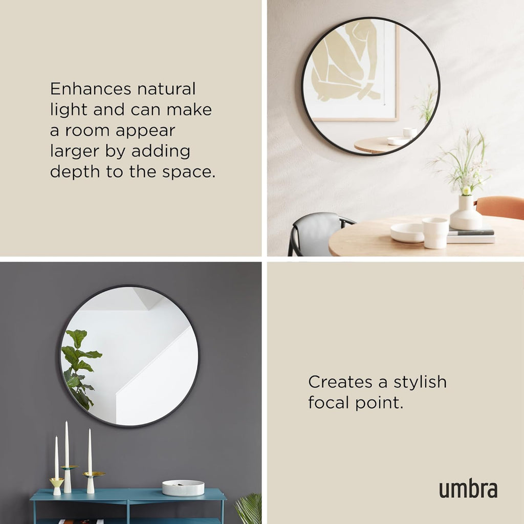 Hub Round Wall Mirror with Rubber Frame, Modern Style and More, 37-Inch, Black