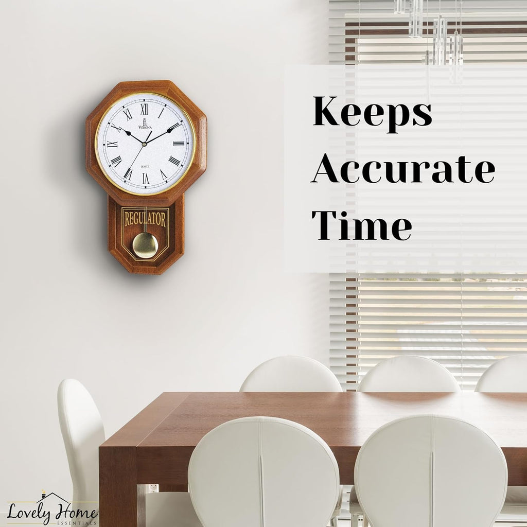 Pendulum Wall Clock Battery Operated - Real Wood Regulator Clock - Schoolhouse Design with Pendulum - Quiet, Non-Chiming - Wooden Wall...