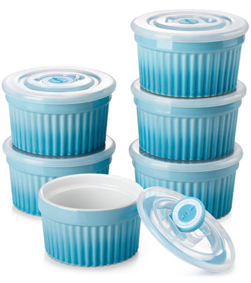 6 oz with Lid, Porcelain Creme Brulee Souffle Dishes, Blue Pudding Custard Cups Ramiken for Baking, Dishwasher and