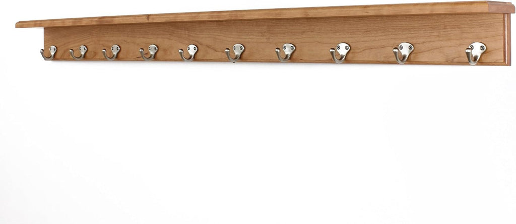 Solid Cherry Shelf Coat Rack with Satin Nickel Single Style Hooks (Cherry, 53" with 10 Hooks)