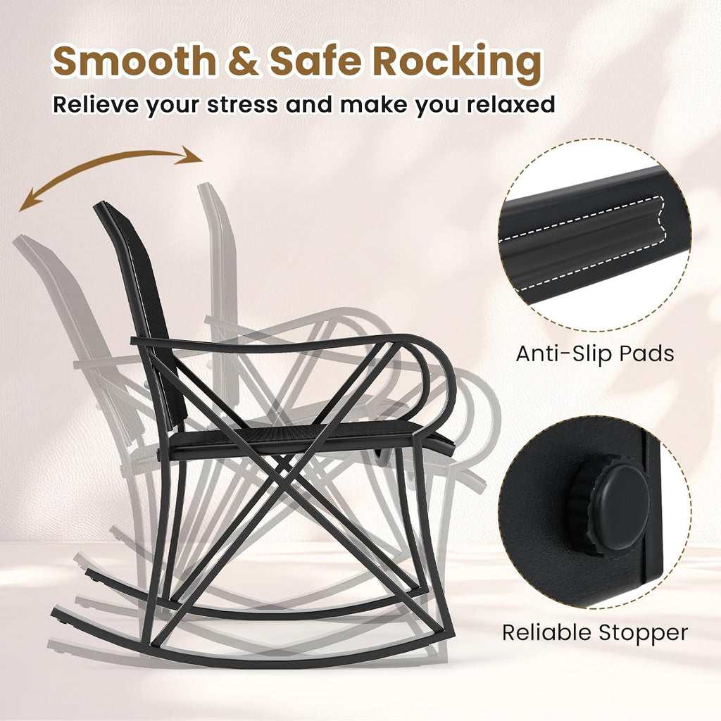 3 Piece Patio Rocking Set, 2 Rocking Chairs with Tempered Glass Side Table, Small Patio Furniture Set with Smooth