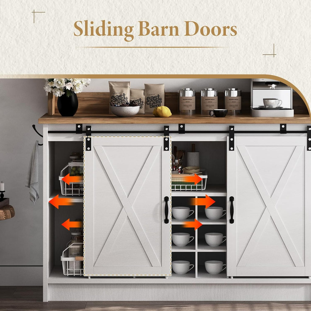 Farmhouse Coffee Bar Cabinet with Storage, 47'' Buffet Cabinet with Hutch and Sliding Barn Door