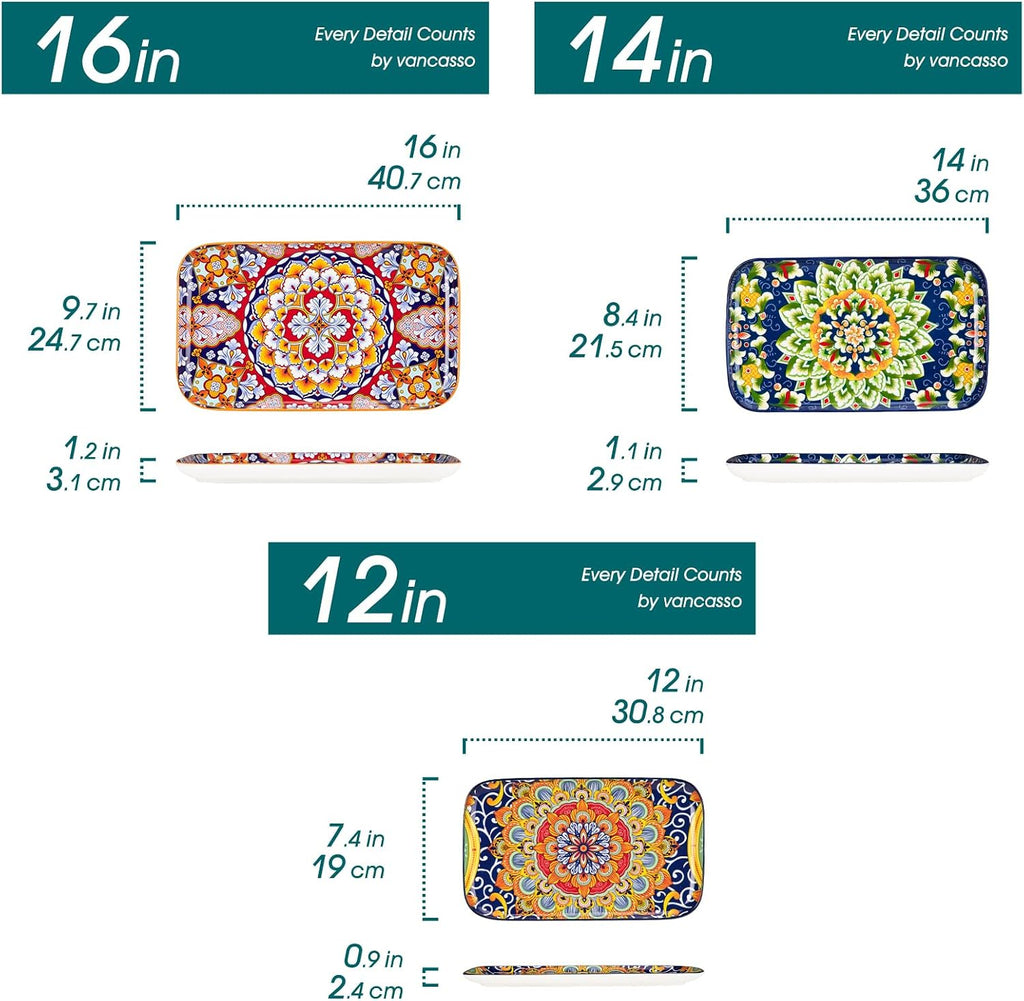 Serving Platters Set of 3, 16"/14"/12" In Rectangular Trays Boho | Ceramic Serving Dish for Entertaining Food