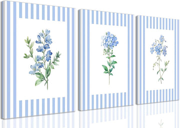 Rustic Blue and White Striped Canvas Floral Wall Art Prints Set of 3, Retro Cottagecore Botanical Flower Posters