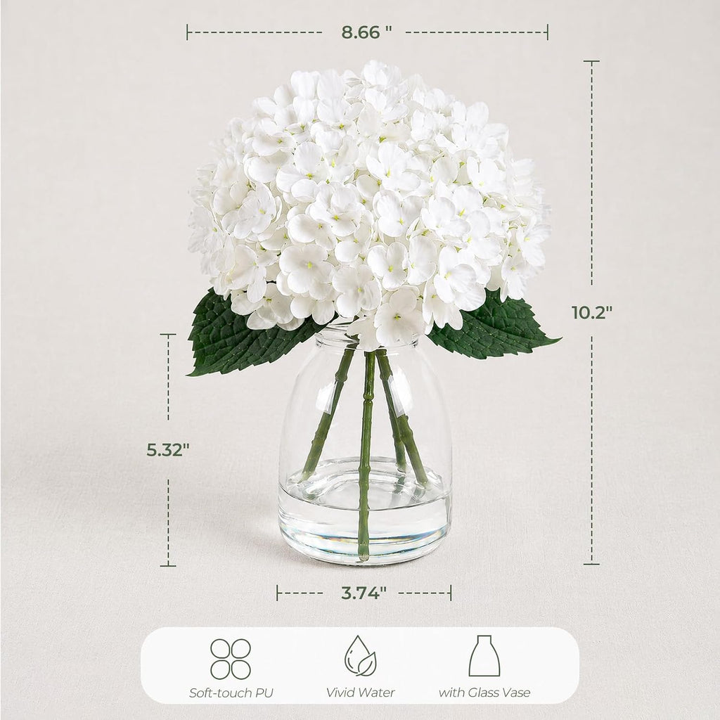 Hydrangea Artificial Flowers in Vase Fake Flowers Decor | White Real Touch Hydrangeas with Faux Water, Realistic Faux
