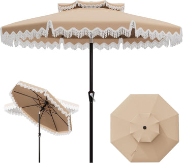 9ft Patio Umbrella with Fringe Tassels, Wind-Resistant Fiberglass Ribs - Beige
