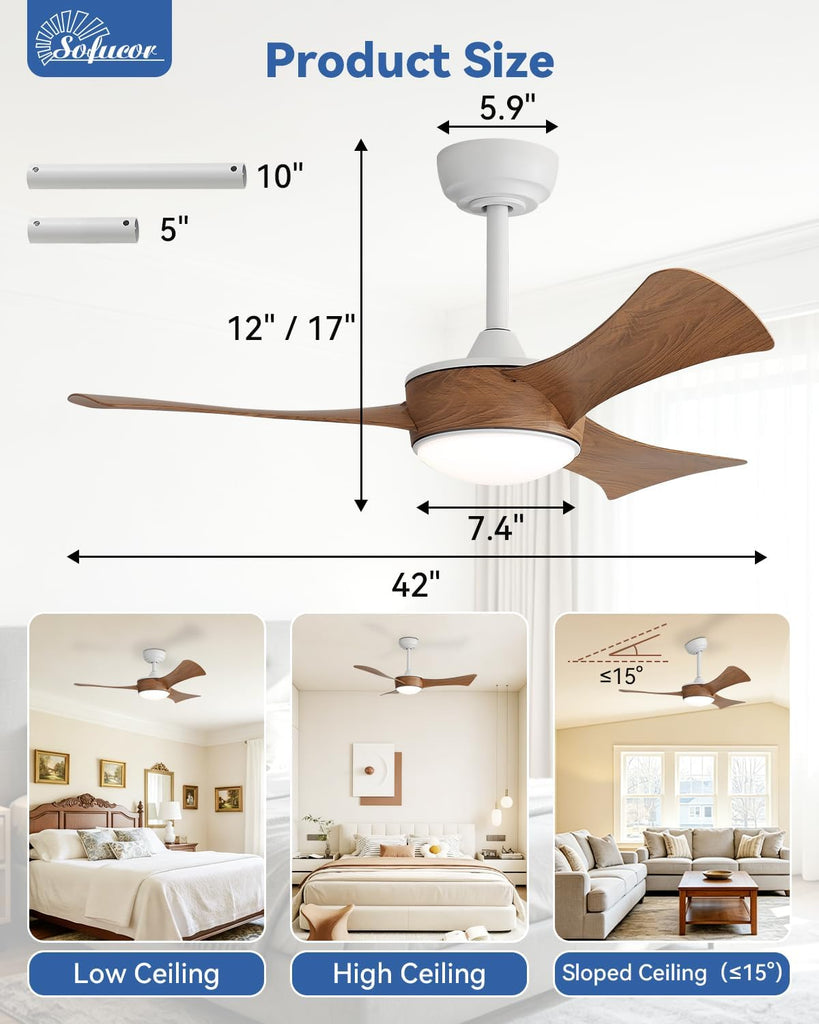 42 Inch Ceiling Fans with Lights-Modern Small Bedroom Ceiling Fan with Remote Control, Plug-in Blades Quick Install