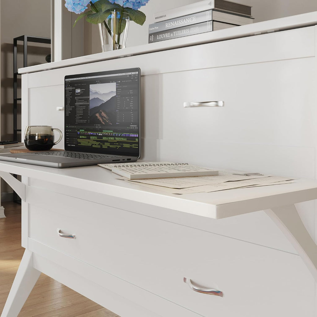 Full Murphy Bed Desk with Memory Foam 6" Mattress and Built-in USB Charger, White