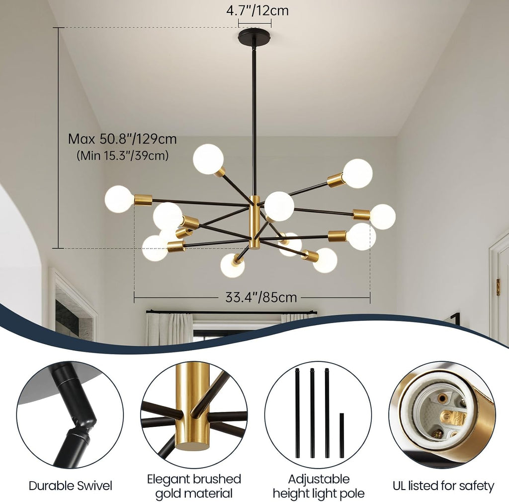 Modern Chandelier Ceiling Light Fixture - 33.4" 12-Light Gold and Black Sputnik Chandeliers, Height Adjustable