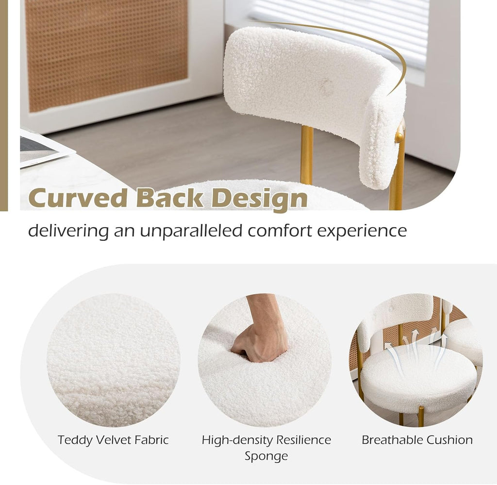 White Boucle Dining Chairs Set of 4, Modern Kitchen Chairs with Gold Metal Legs and Curved Backrest, Round Dining
