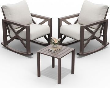 Rocking Chair Outdoor Set 2 w/Coffee Table, 3 Pc Metal Bistro Set | Metal Rocking 6.5" Water-Resistant Cushions