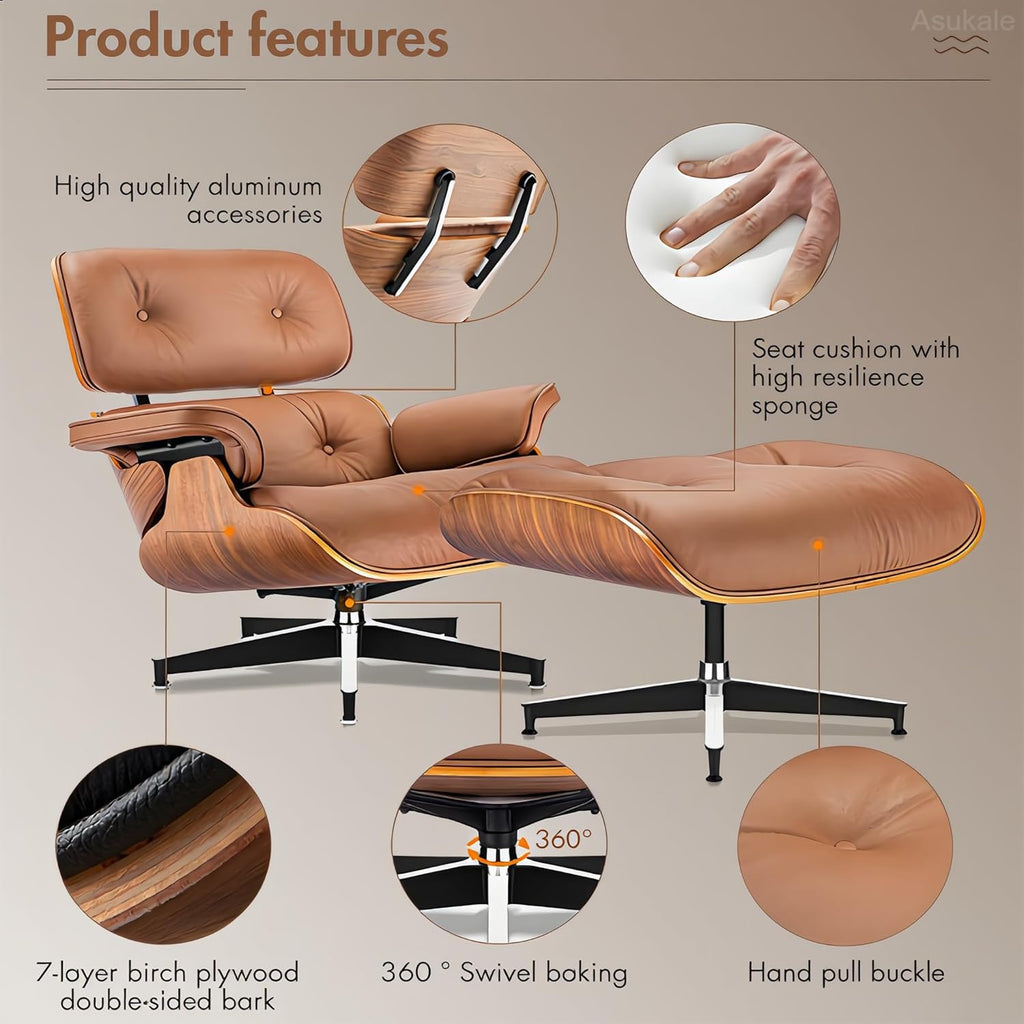 Modern Reading Chair and Ottoman — Brown Leather