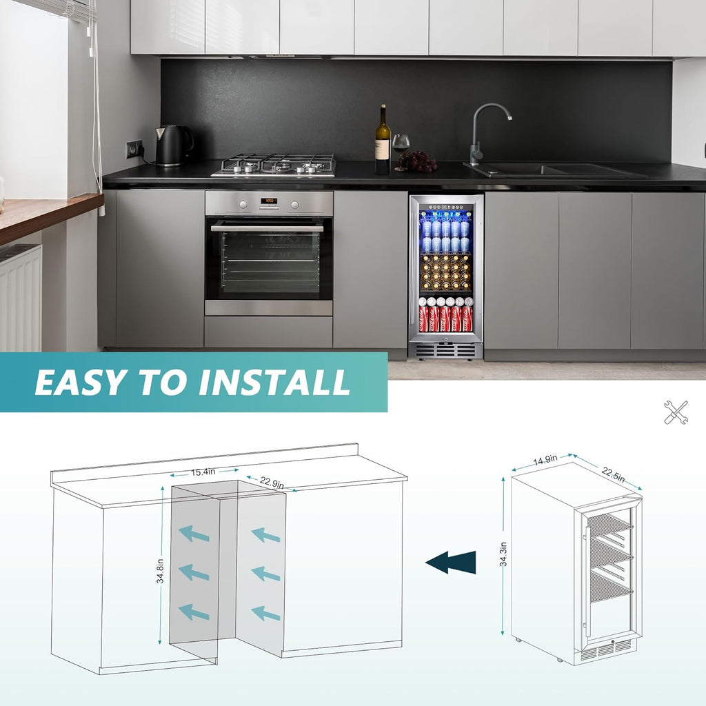 15 Inch Beverage Refrigerator Cooler Under Counter 127 Cans Beverage Fridge Buil